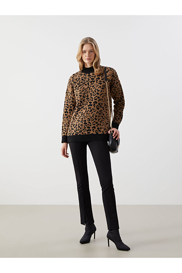 LCW Modest Dik Yaka Leopar Desenli Kadın Triko Tunik - 2