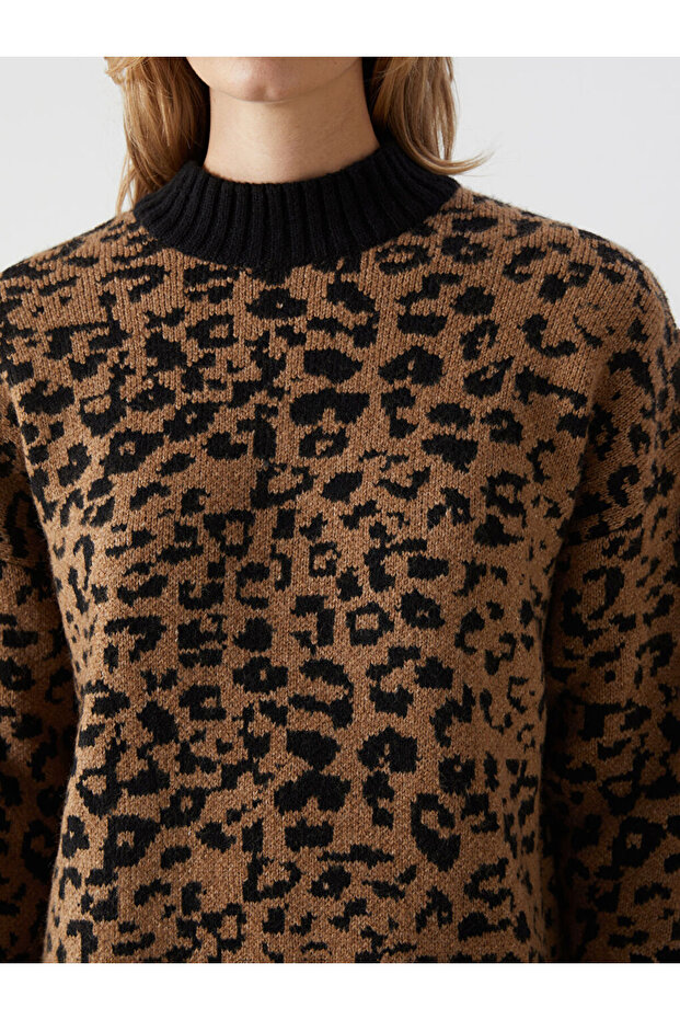 LCW Modest Dik Yaka Leopar Desenli Kadın Triko Tunik - 3
