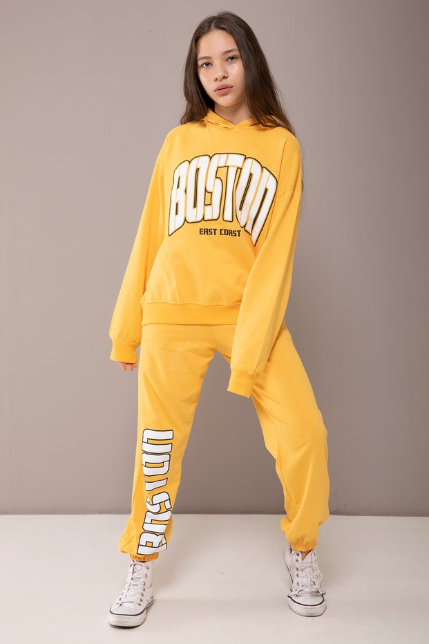 Yellow Boston Written Hooded Girl's Tracksuit Set 19828