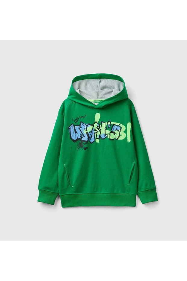 Boy's Green Front Printed Back Striped Detail Sweatshirt Hooded