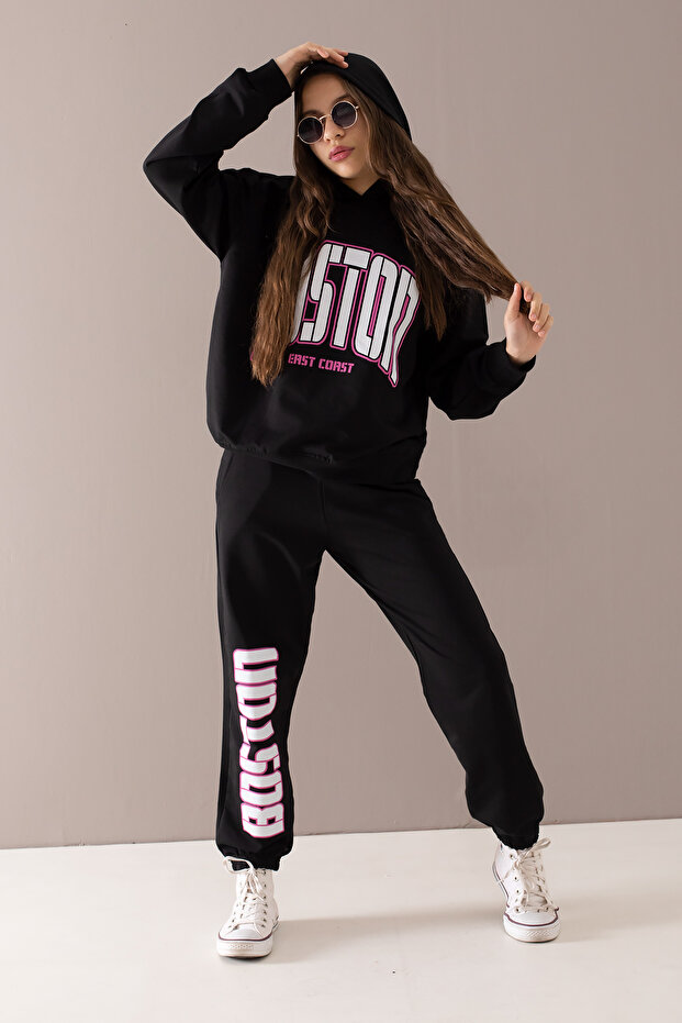 Black Boston Written Hooded Tracksuit Set for Girls 19757