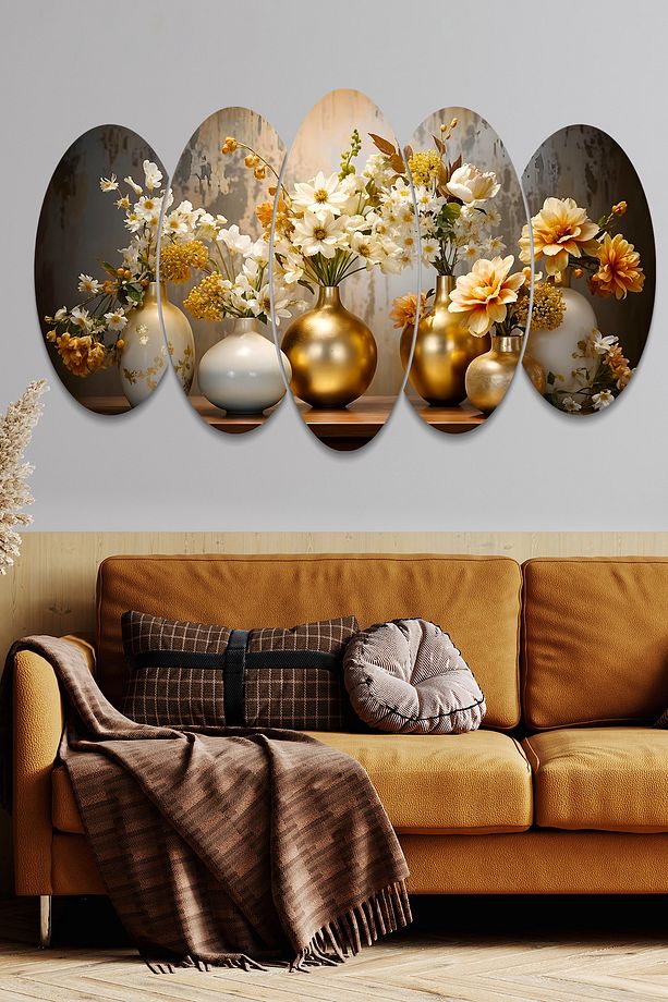 Gold Vazoda Çiçekler 5 Parçalı Mdf Tablo - 3