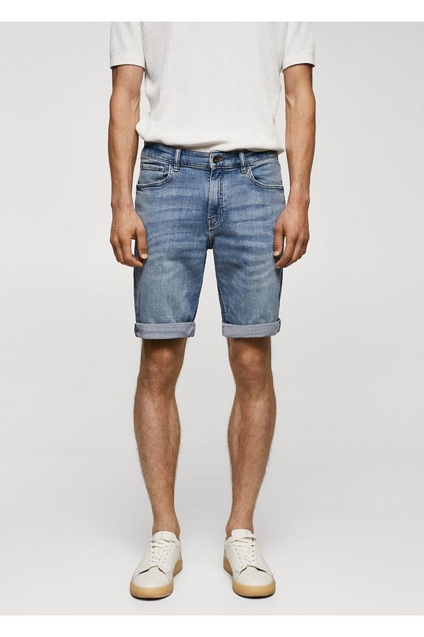 Slim Fit Kot Bermuda Şort - 1