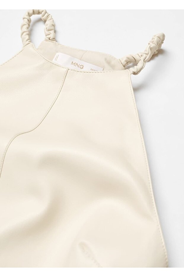 Deri Görünümlü Halter Yaka Elbise - 5