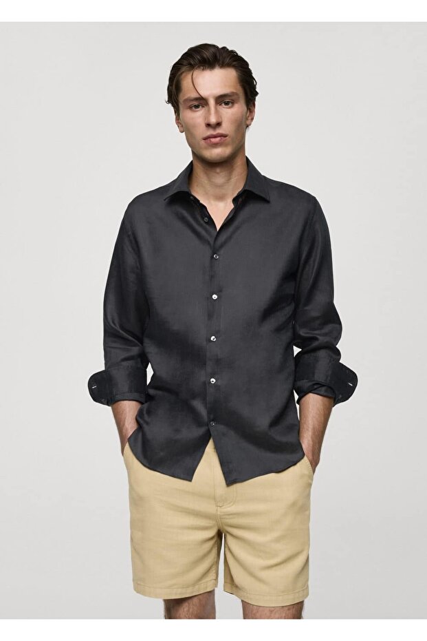 %100 Keten Regular Kesim Gömlek - 1