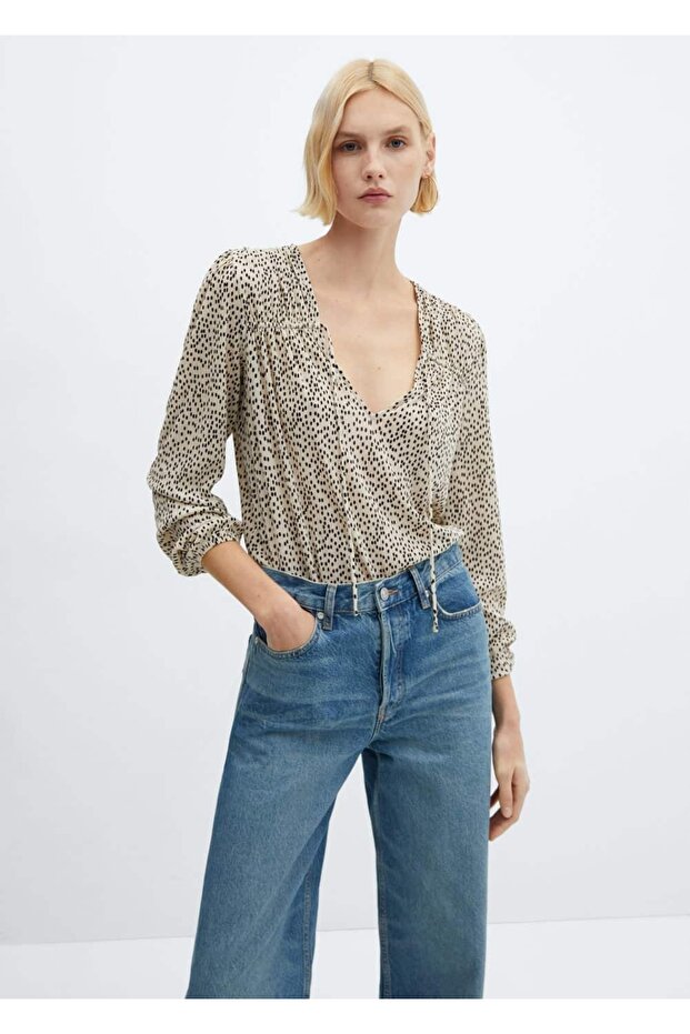 Bağ detaylı desenli bluz - 1
