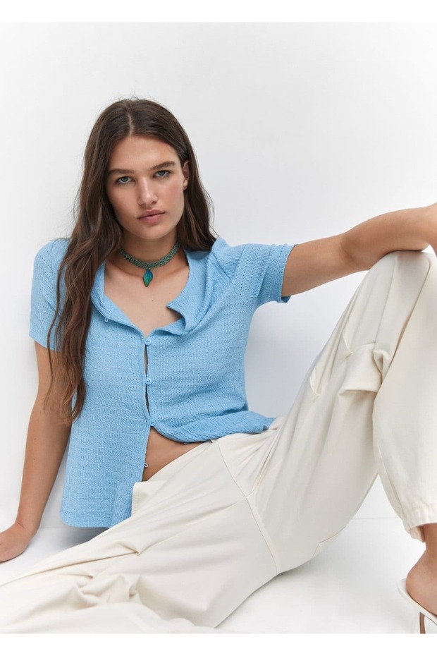 Düğmeli dokulu tişört - 6