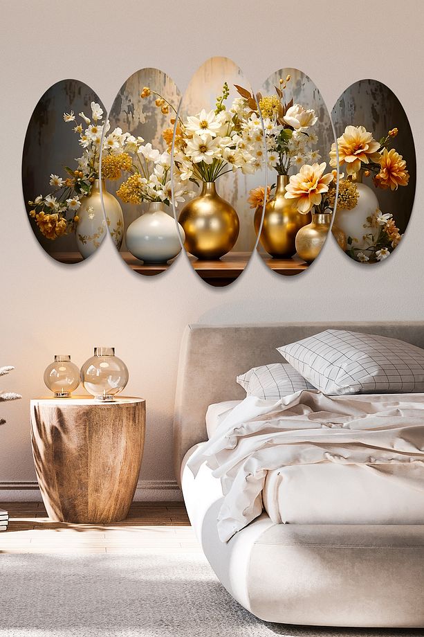 Gold Vazoda Çiçekler 5 Parçalı Mdf Tablo - 2