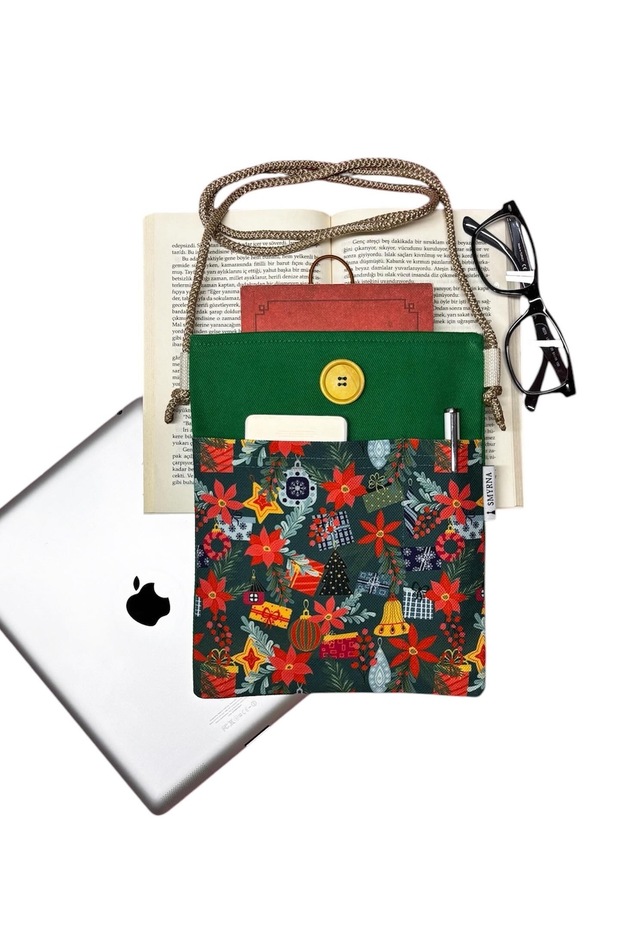 Hanging Book / Tablet / Ebook Bag - Case (Orange - Red - Green Flowers)