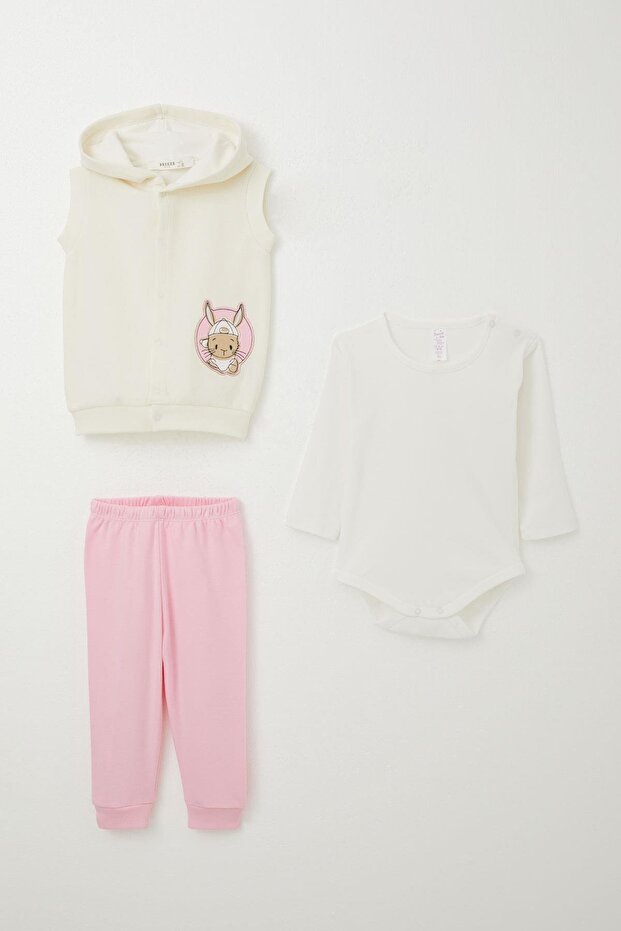 Baby Girl Bodysuit 3 Piece Set Cute Rabbit Embroidered 4 Months-1 Year Old, Cream