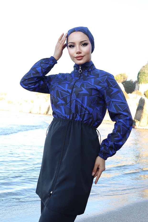 Spring Patterned 3-Piece Hijab Swimsuit with Adjustable Elastic Waist - 3