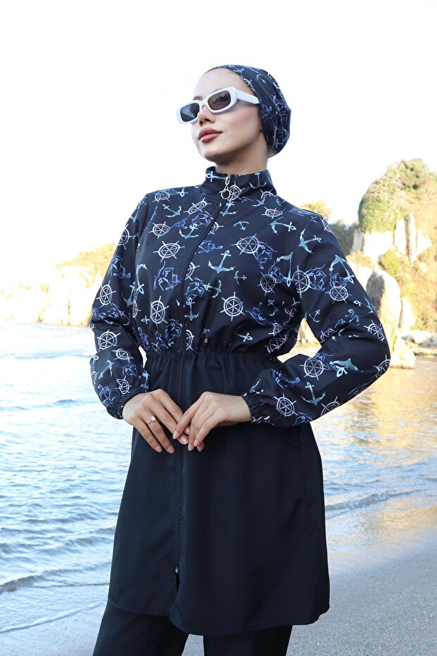 Anchor Patterned, Adjustable Waist, Elastic, Fully Covered Hijab, Islamic Swimsuit, Set of 3, Blue Black