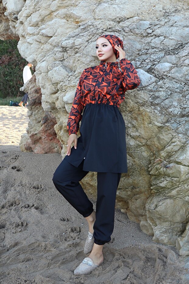 Spring Patterned 3-Piece Hijab Swimsuit with Adjustable Elastic Waist - 4