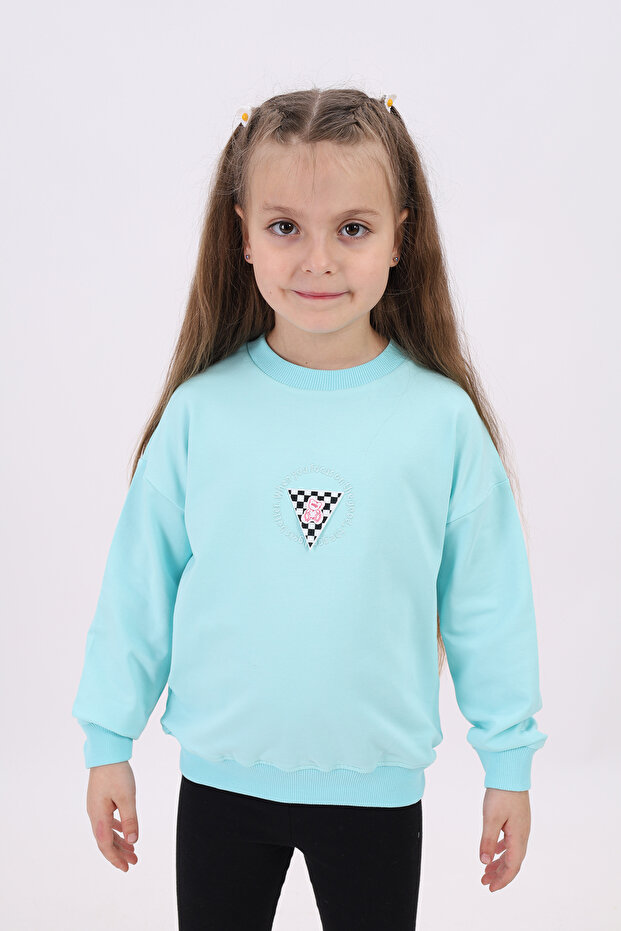Girls' Relax Fit Crew Neck Drop Shoulder Embroidery Printed Sweatshirt - 2 Thread