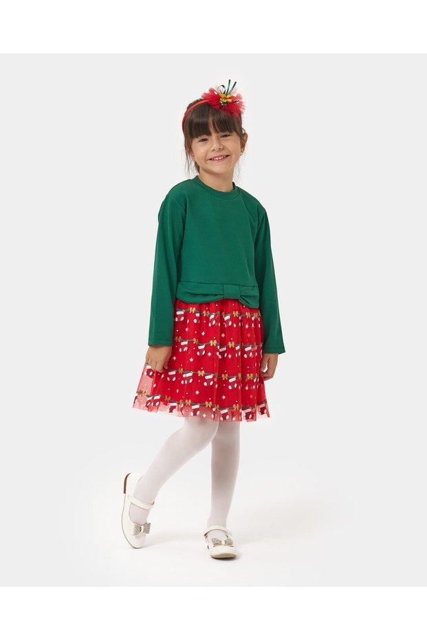 Girl's Bow Detailed New Year's New Year's Christmas Cotton Dress