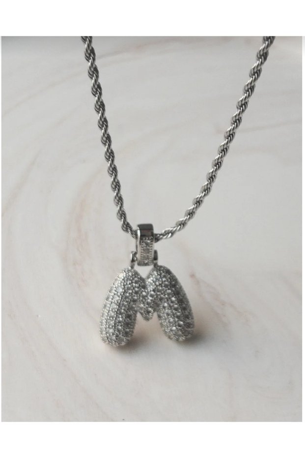 Zircon Stone, Steel, Unbreakable, Antiallergic, Stylish, Showy Twisted Chain Letter Necklace (Silver Color)