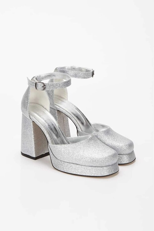 Silver Glittered Ankle Strap Platform Heeled Evening Dress Shoes