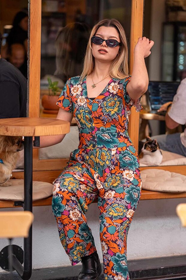 Half Sleeve Floral Print Bohemian Jumpsuit