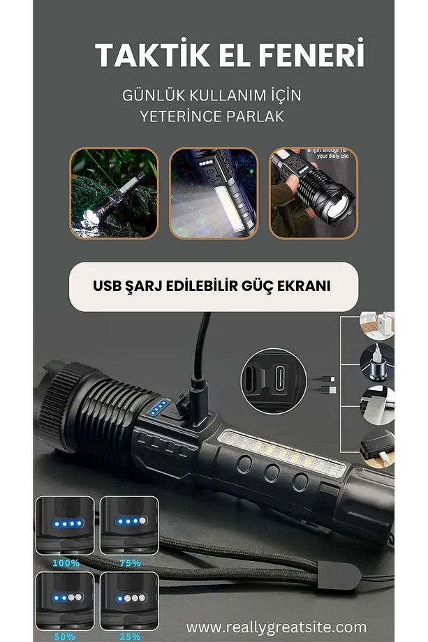 Süper Güçlü Şarj Edilebilir El Feneri Acil Durum Fonksiyonlu - 2