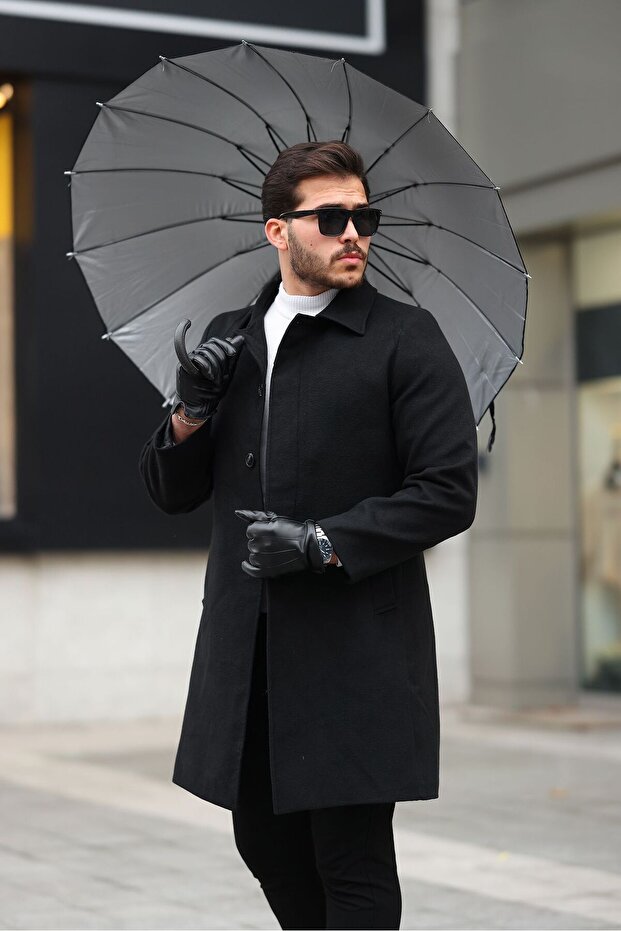 Men's Black Long Comfortable Shirt Collar Spoon Coat