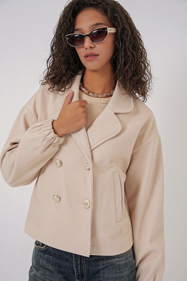 9117 Kruvaze Yaka Crop Ceket - Bej - 3