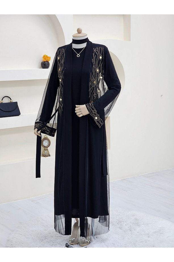 Önü Ve Manşeti Taşlı Abaya -Bakır - 3