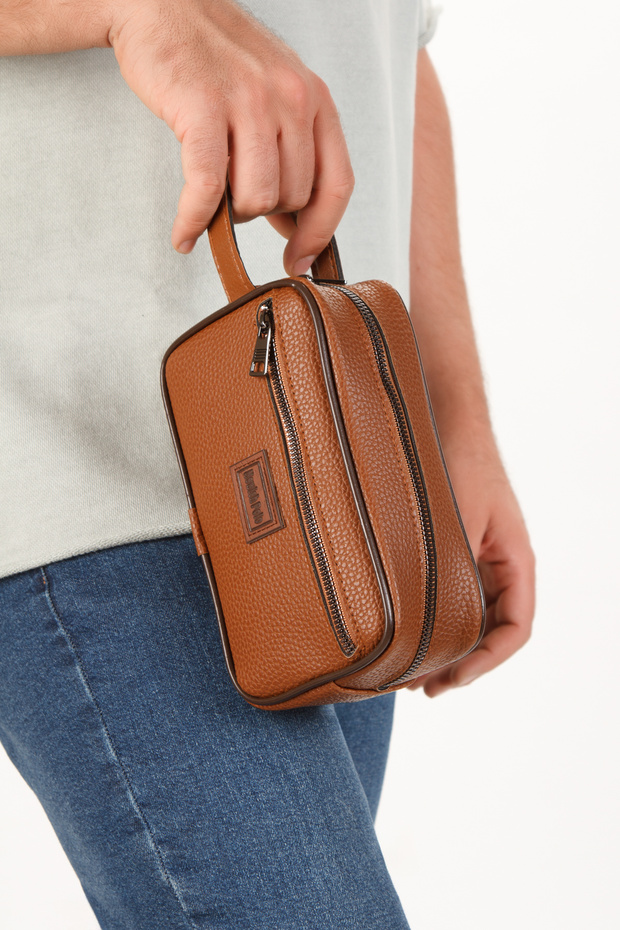 Men's Tan Leather Portfolio Clutch Shaved Cosmetic Care and Daily Clutch Bag