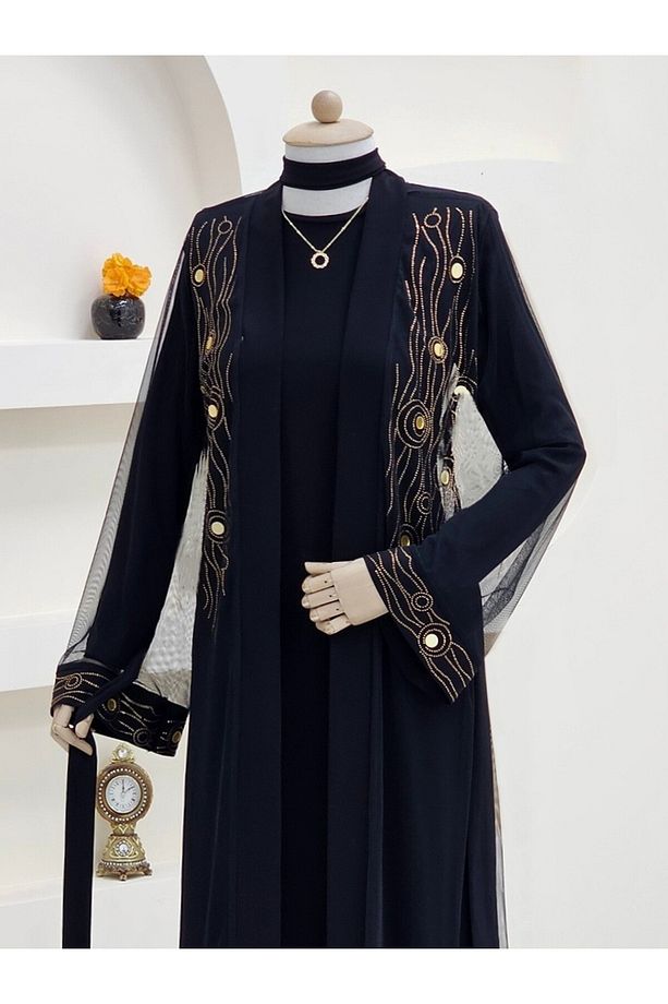 Önü Ve Manşeti Taşlı Abaya -Bakır - 2