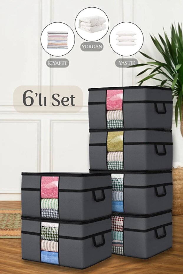 6-Piece Mega Size Quilt Storage Bag - Windowed Pillow Quilt Storage Bag 75 X 40 X 40 Cm Anthracite