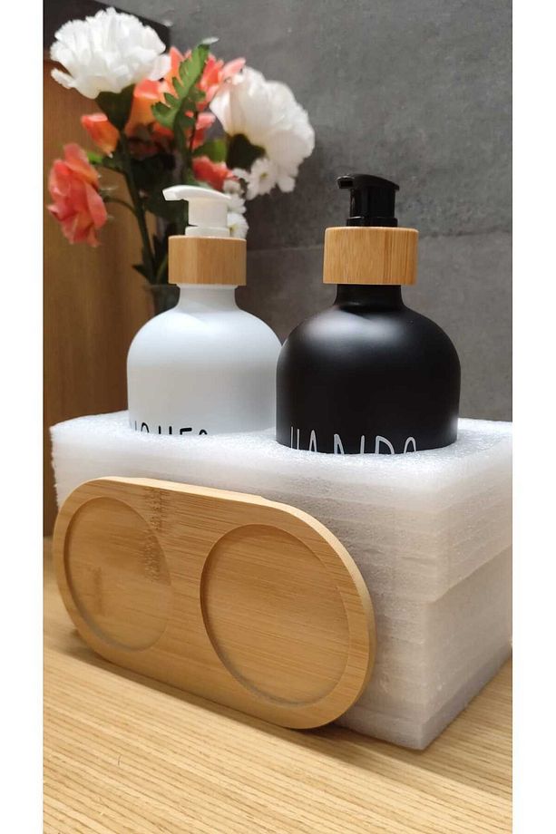 Spil 2 Li Siyah-beyaz Mutfak Sıvı Sabunluk Seti 500ml 500ml Bambu Tepsili - 7