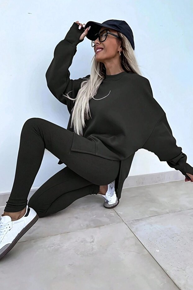 Women's Black Slit Detail Crew Neck Bottom Top Tights Tracksuit Set