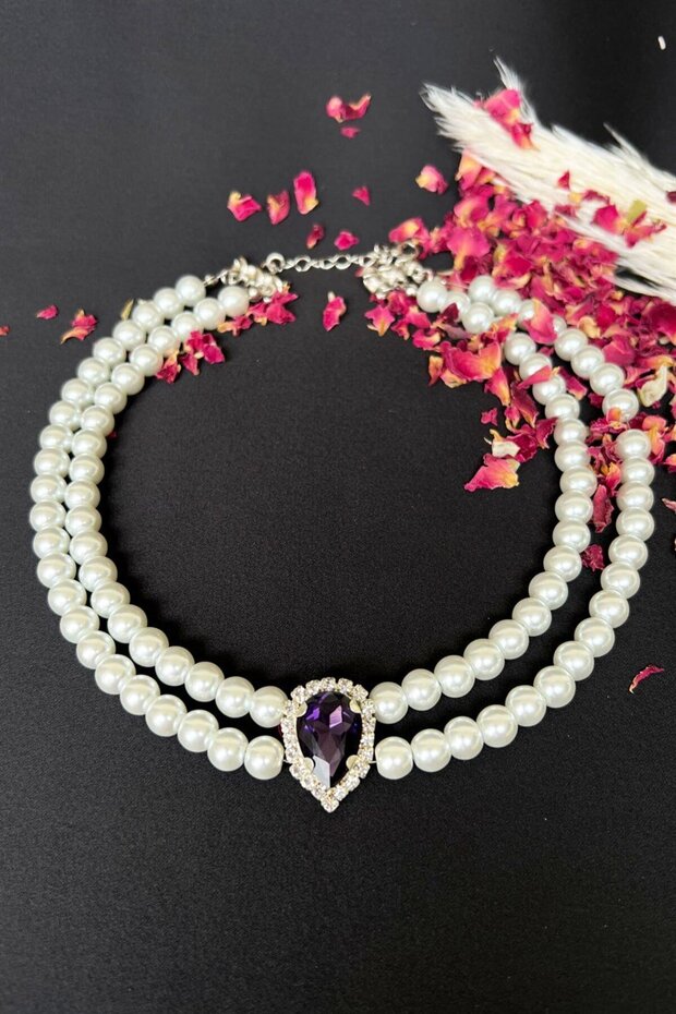 Mor Kristal Uçlu Inci Choker Kolye - 1