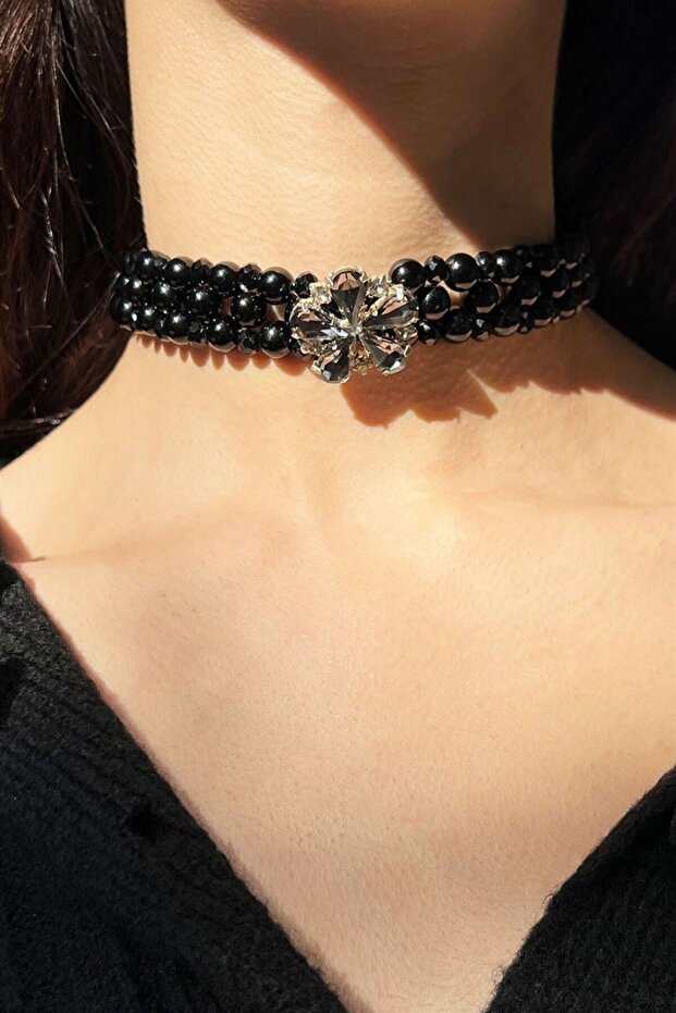 Kristal Çiçekli Siyah Tasma Inci Kolye - 2