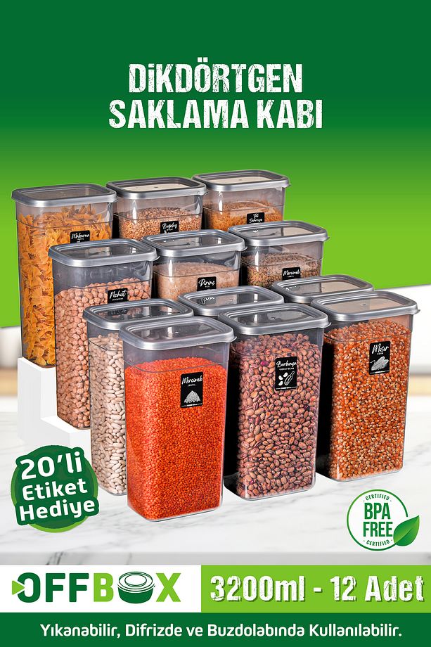 12 Adet 3,2 Lt. Büyük Boy Dikdörtgen Kuruyemiş Erzak Bakliyat Saklama Kutusu 20 Etiketli - 1