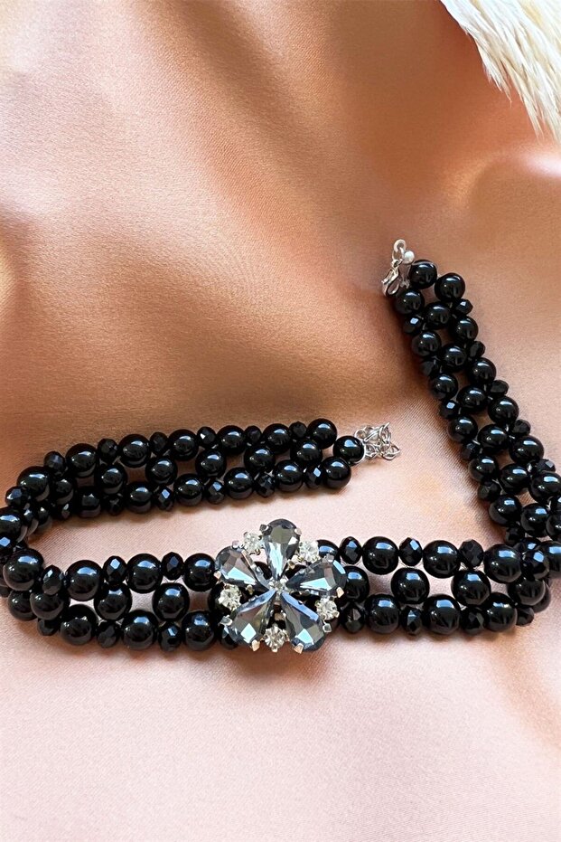 Kristal Çiçekli Siyah Tasma Inci Kolye - 3