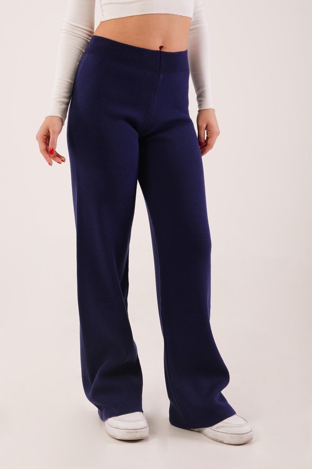 High Waist Wide Leg Navy Blue Knitwear Trousers
