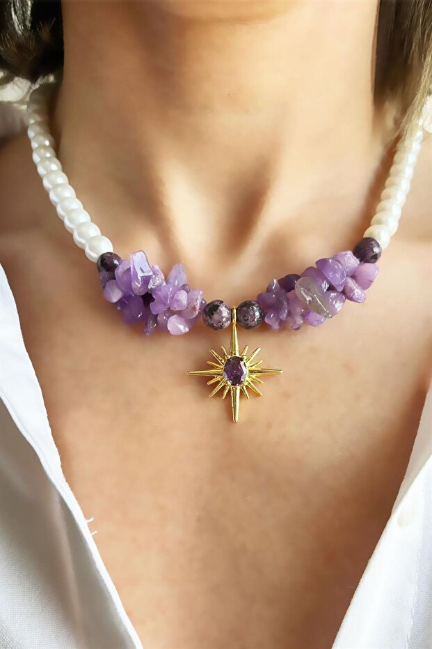 Natural Ceyd Sun Stones and Purple Broken Stones Polar Star Detailed Pearl Necklace