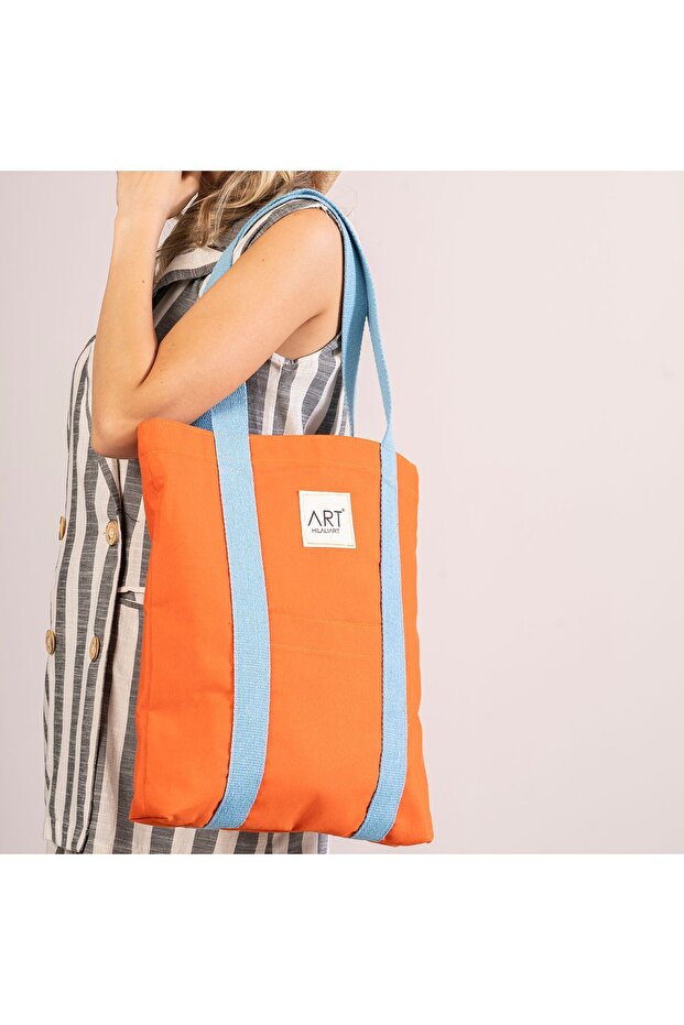 Blue Handle Orange Linen Tote Beach Bag-Orange Linen Daily Bag
