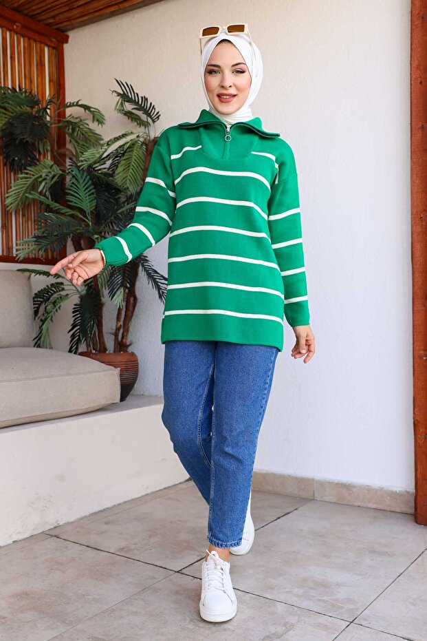Green Collar Zipper Striped Knitwear Tunic