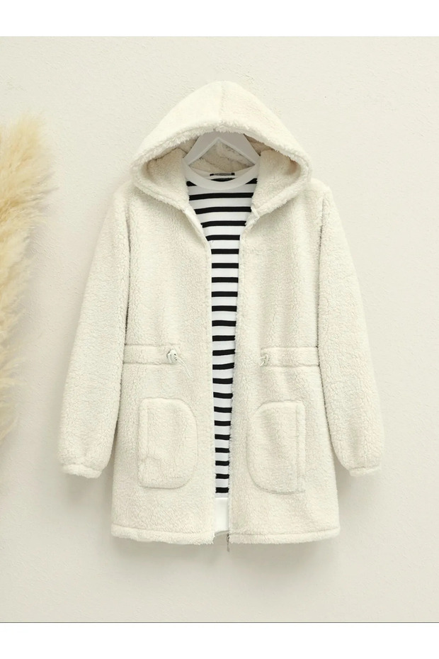 Hooded Zippered Plush with Elastic Waist - Ecru