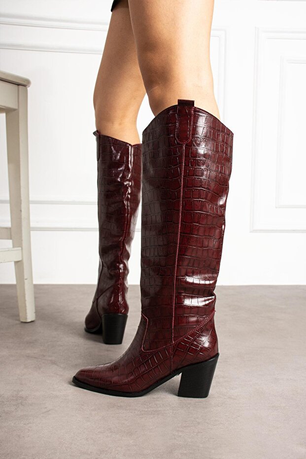 Helia Women's Boots Cowboy Crocodile Patterned Burgundy Leather