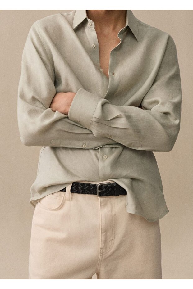 %100 Keten Regular Kesim Gömlek - 8