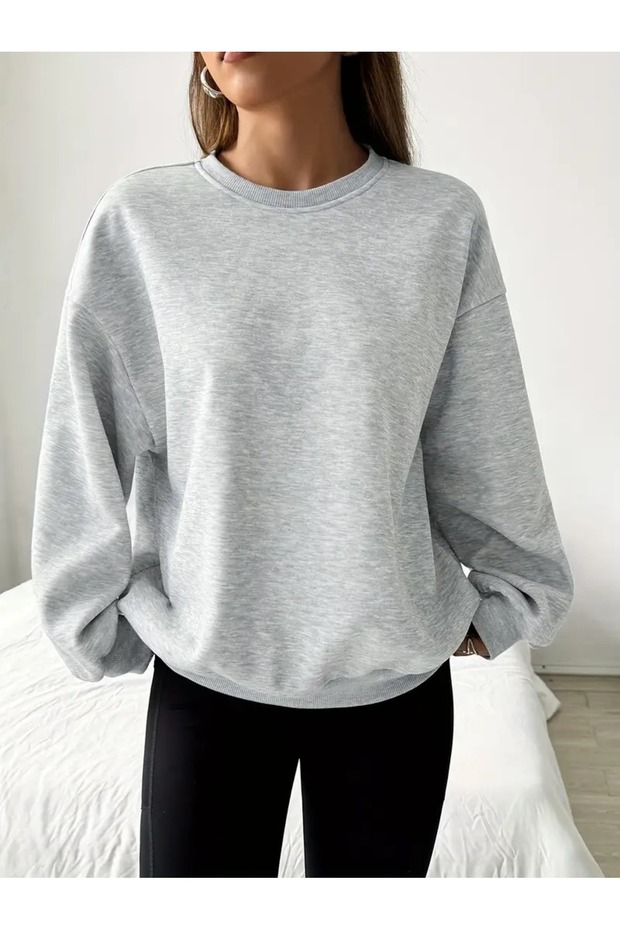 Kadın Bisiklet Yaka Içi Polarlı Oversize Fit Basic Gri Sweatshirt - 2
