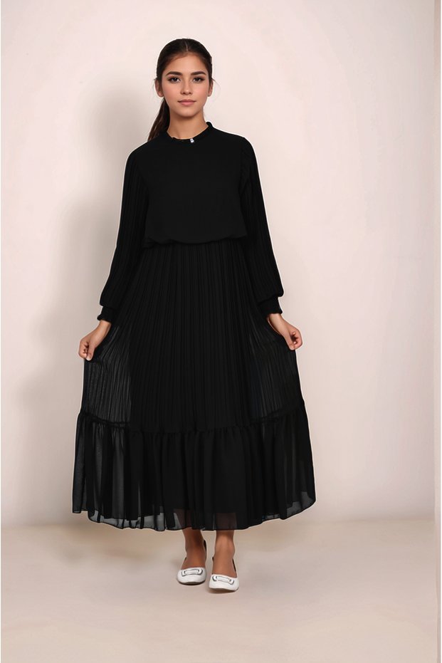 Young Girls Long Length Pleated Chiffon Cotton Hijab Dress