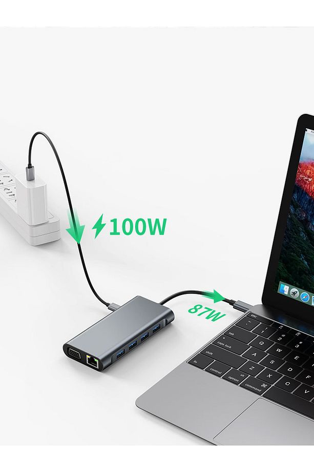 11in1 USB Type-C Hub Port Adaptör Uyumlu, HDMI 4k/30hz, USB Ethernet 100W PD Girişli - 5