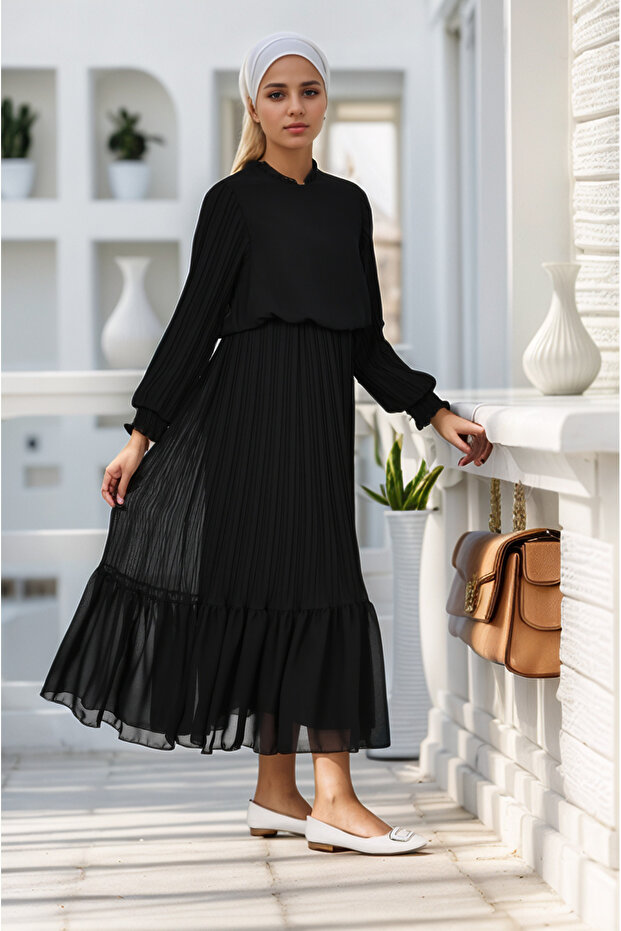 Young/Children's Long Cotton Lined Chiffon Pleated Hijab Dress