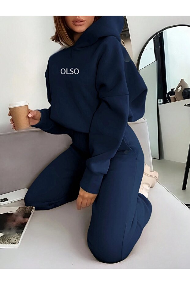 Women's Navy Blue Olso Printed Oversized Hoodie Sweatshirt Jogger Bottom Top Tracksuit Set