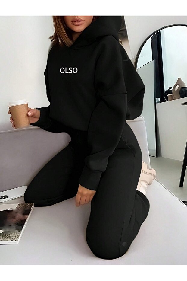 Women's Black Olso Printed Oversized Hoodie Sweatshirt Jogger Bottom Top Tracksuit Set