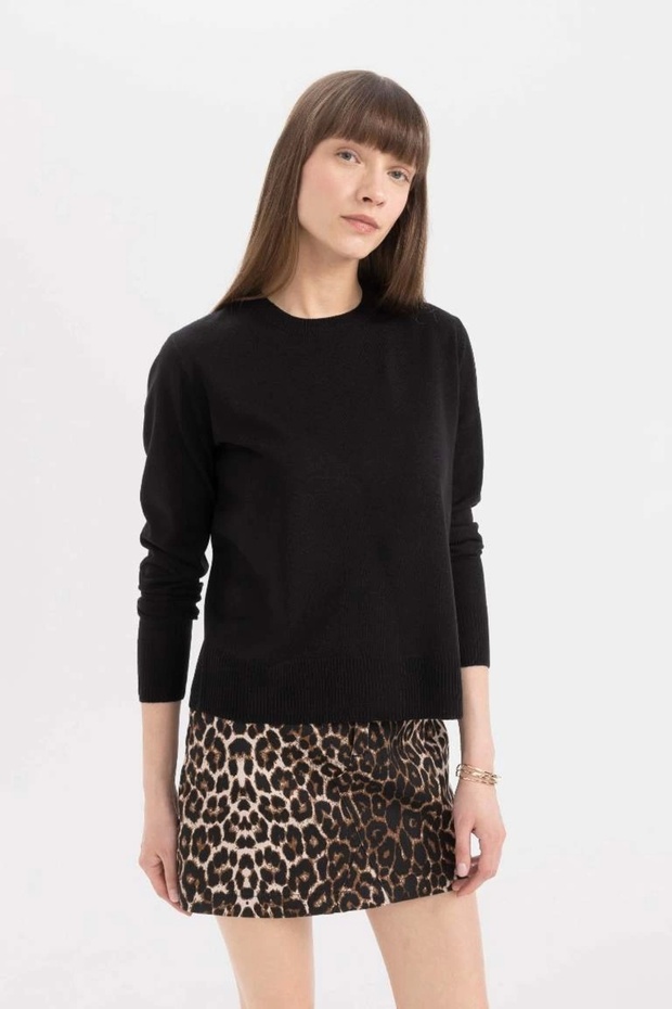 C0058 Siyah Regular Fit Yumuşak Dokulu Bisiklet Yaka Basic Düz Triko Kazak - 3