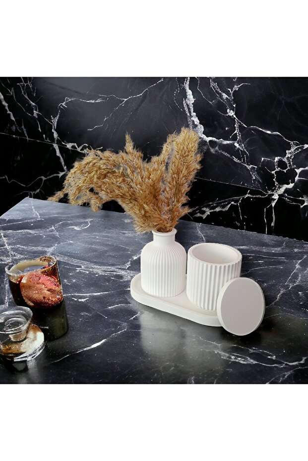 Sözdekor Flat Oval Tray, Vase, Candle Holder 3 Piece Set - 15